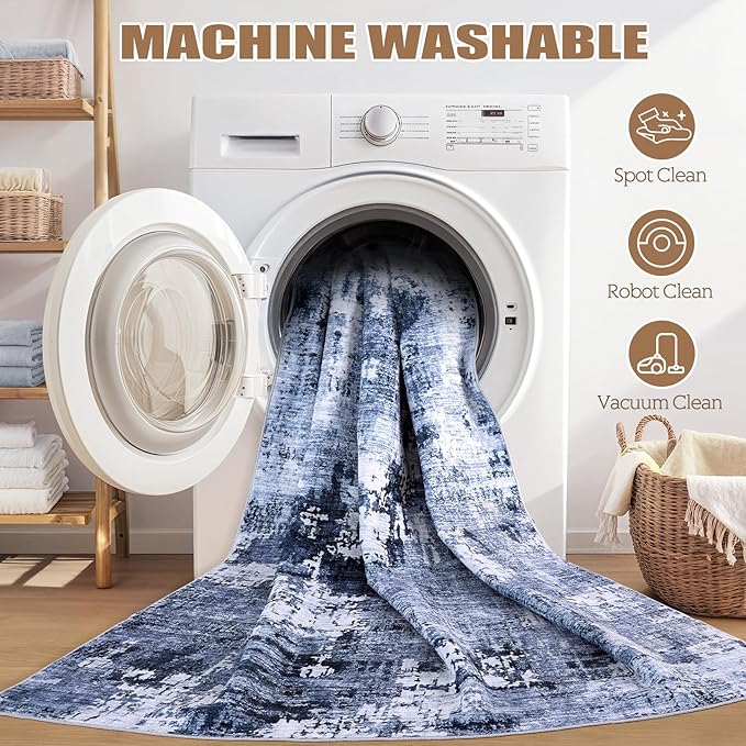 6ft Round Area Rug Living Room Rugs - 6x6 Washable Large Soft Indoor Neutral Modern Abstract Low Pile Rug Carpet for Bedroom Dining Room Farmhouse Home Office - Navy Blue