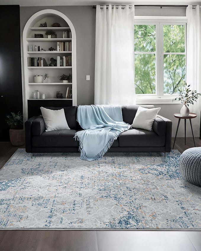 Area Rug 8x10 Machine Washable Rug Vintage Traditional Floor Cover Foldable Thin Retro Indoor Non Slip Carpet Floral Print Mat Bedroom Living Room Dining Room Office,Hidden Pattern Blue