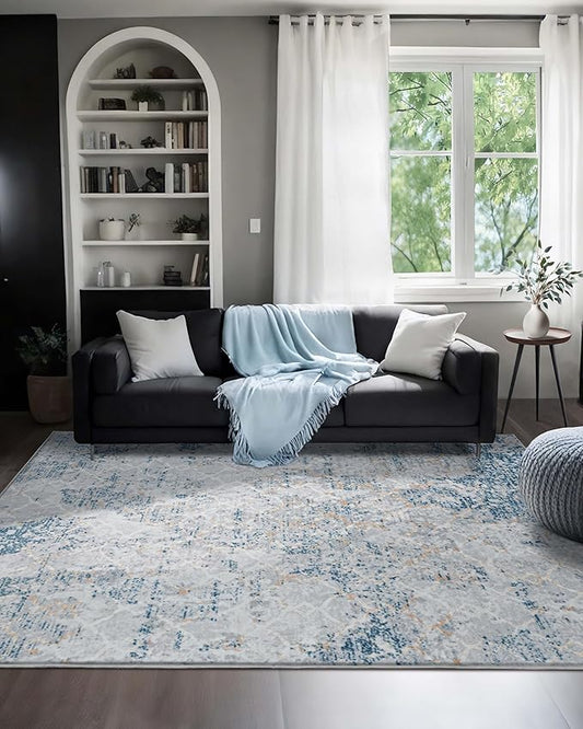 Area Rug 5x7 Machine Washable Rug Vintage Traditional Floor Cover Foldable Thin Retro Indoor Non Slip Carpet Floral Print Mat Bedroom Living Room Dining Room Office,Hidden Pattern Blue