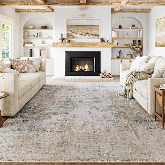 9x12 Washable Area Rug Beige Blue Neutral Abstract Living Room Bedroom Large Throw Rug Non Slip Soft Low Pile Indoor Floor Carpet for Dining Room Kitchen Office Entryway