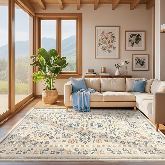 5x7 Area Rug Living Room Rugs Thickened - Washable Boho Vintage Floral Large Soft Non Slip Thin Rug Low Pile Carpet for Bedroom Dining Room Kids Playroom Office Decor Indoor- Multi Color