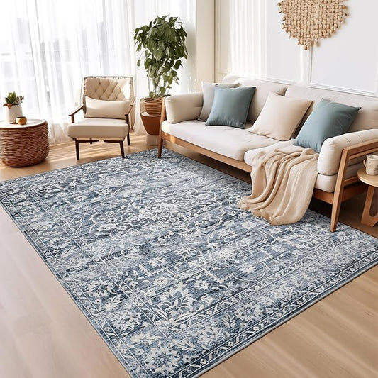 6x9 Area Rugs for Living Room, Stain Resistant Washable Rugs for Dining Room, Floral Vintage Non-Slip Thin Area Rug(Blue, 6'x9')