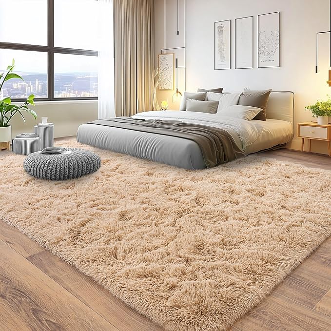 8x10 Rug for Living Room, Fuzzy Plush Large Area Rug, Fluffy Modern Shag Non Slip Soft Furry Carpet for Bedroom Kids Room Nursery Teens Dorm Home Decor, Camel
