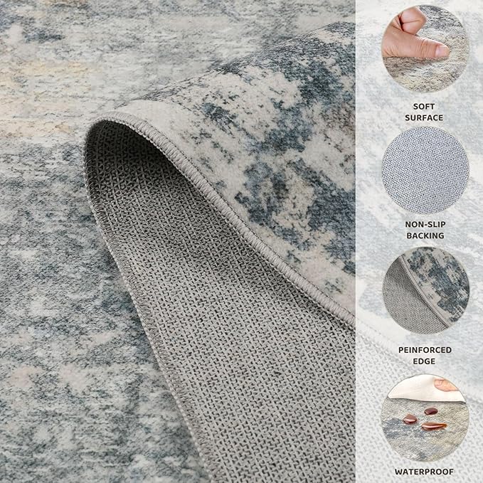 8ft Round Area Rug Living Room Rugs - 8x8 Washable Neutral Modern Abstract Soft Thin Rug Indoor Floor No Slip Rug Carpet for Bedroom Under Dining Table Home Office Decor - Blue Grey