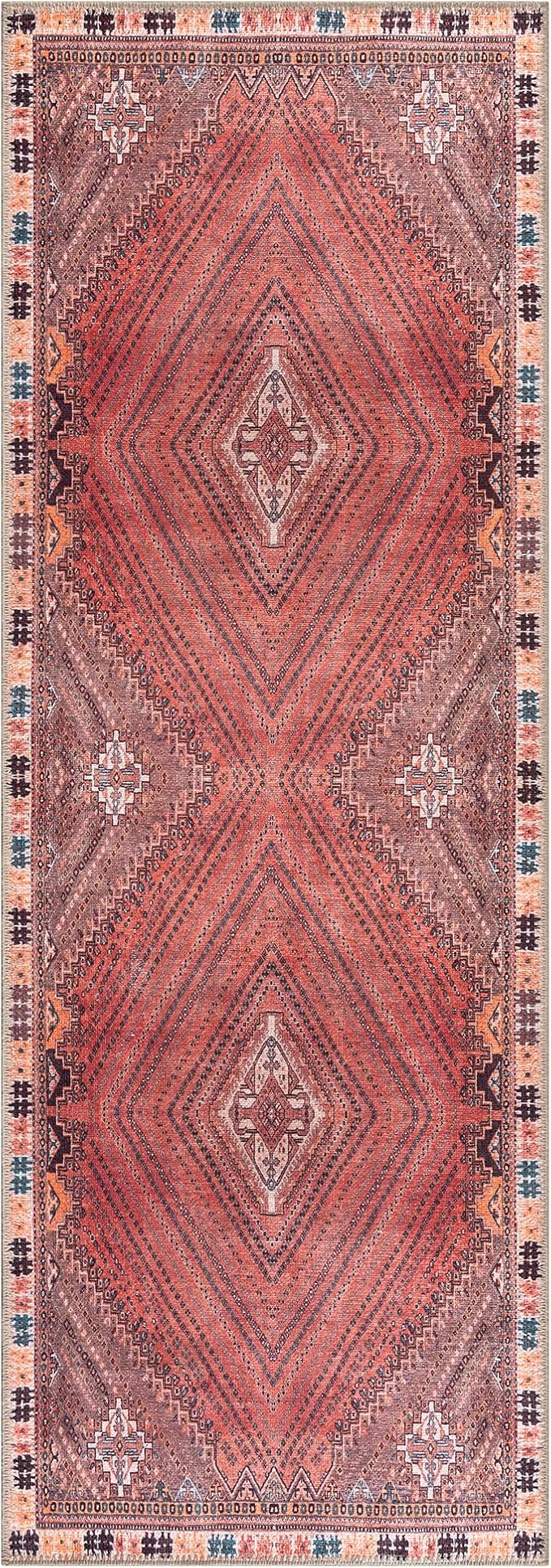 Bloom Rugs Washable Non-Slip 10 ft Runner - Red/Multicolor Traditional Bordered Runner for Entryway, Hallway, Bathroom, and Kitchen - Exact Size: 2.5' x 10'