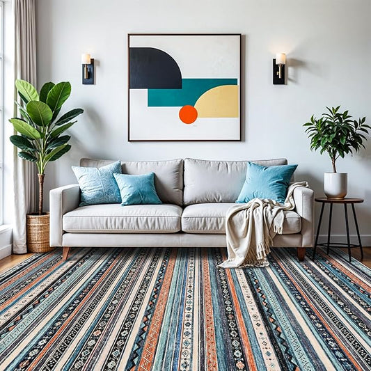 9x12 Area Rugs Living Room, Large Washable Rug for Bedroom Ultra Thin Moroccan Rug with Non Slip Rubber Backing Stain Resistant Soft Low Pile Indoor Carpet Dining Room Waterproof - 9x12 Blue/Multi