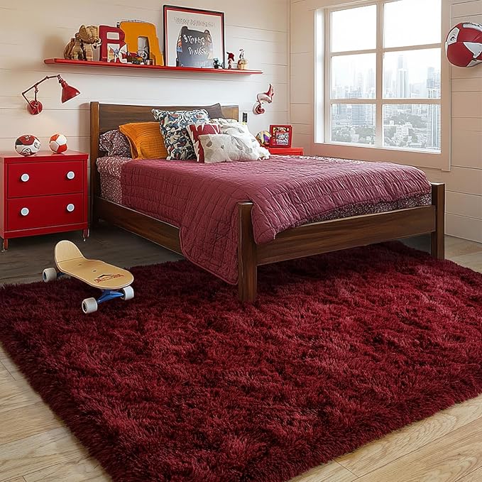 Burgundy Plush Rug for Living Room Fuzzy Carpet for Bedroom Dorm, Non-Slip High Pile Rug, Shag Rug for Playroom Nursery Home Office Decor 6X9 Ft