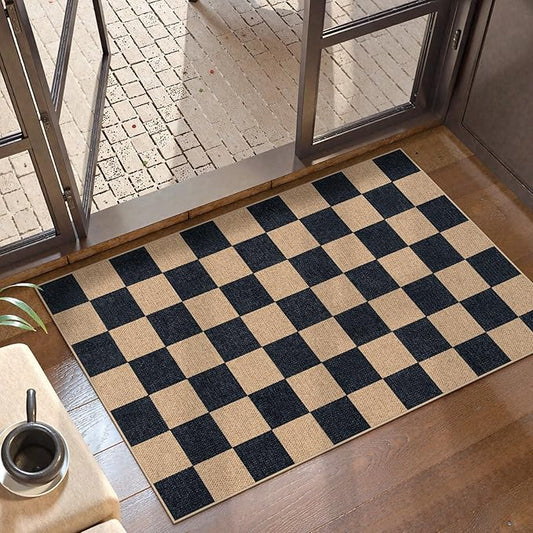 Lahome Checkered Easy Jute 2x3 Rug, Small Entryway Rug Non Slip Kitchen Front Door Mat, Farmhouse Neutral Area Rug Non Shedding Low Pile Floor Carpet for Foyer Porch Doorway