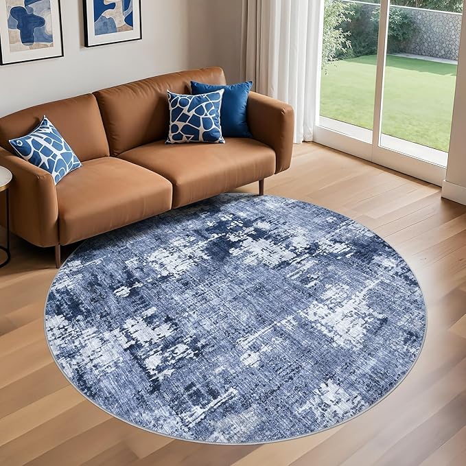 5ft Round Area Rug Living Room Rugs - 5x5 Washable Large Soft Indoor Neutral Modern Abstract Low Pile Rug Carpet for Bedroom Dining Room Farmhouse Home Office - Navy Blue