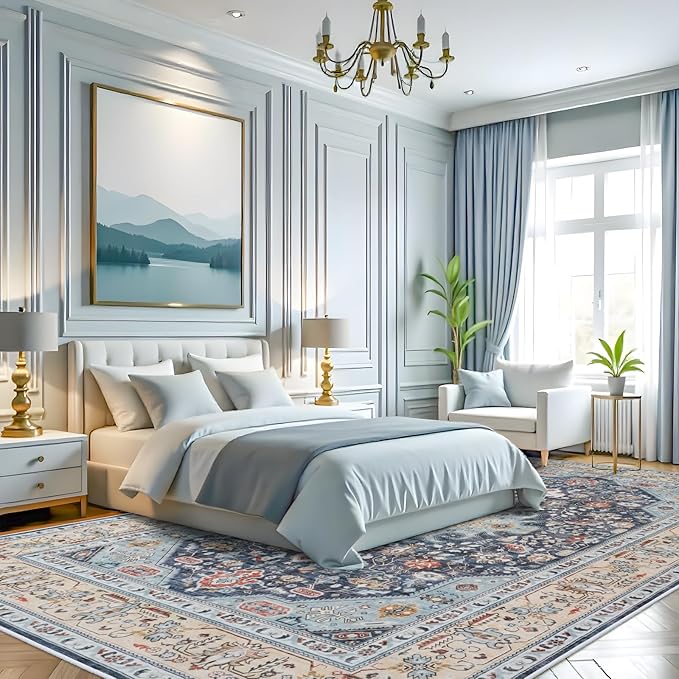 10x14 Area Rugs Living Room: Extra Large Washable Area Rug Super Soft Distressed Oriental Rugs with Non-Slip Backing Farmhouse Rug Low Pile Thin Stain Resistant Indoor Carpets 10'x14' Blue/Multi