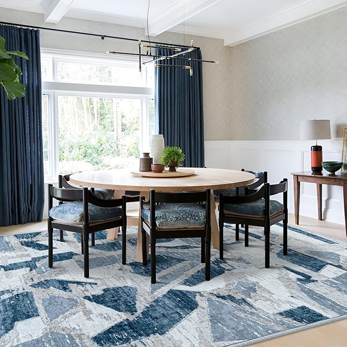 8X10 Area Rugs for Living Room Bedroom,Modern Abstract Large Carpet Washable Rugs 8x10 for Dining Room Office,Non Slip Blue Print Faux Wool Thin 8 by 10 Indoor Nursery Kids Home Pet & Child Friendly