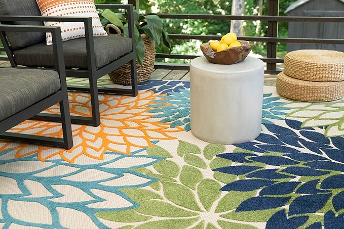 Nourison Aloha Indoor/Outdoor Multicolor 7'10" x 10'6" Area Rug, Tropical, Botanical, Easy Clean, Non Shedding, Bed Room, Living Room, Dining Room, Deck, Backyard, Patio (8x10)