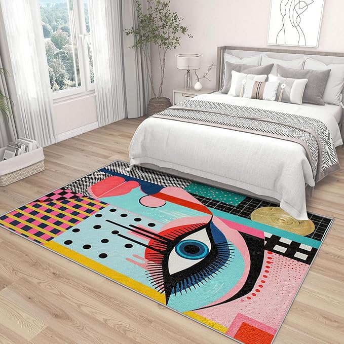 Abstract Rugs for Living Room 8x10 - Abstract Rug, 4x5 Rug, Geometric Multicolor Pop Art Area Rug, Colorful Funky Artistic Carpet, Washable & Non Slip & Soft Large Rugs, Home Decor Gifts