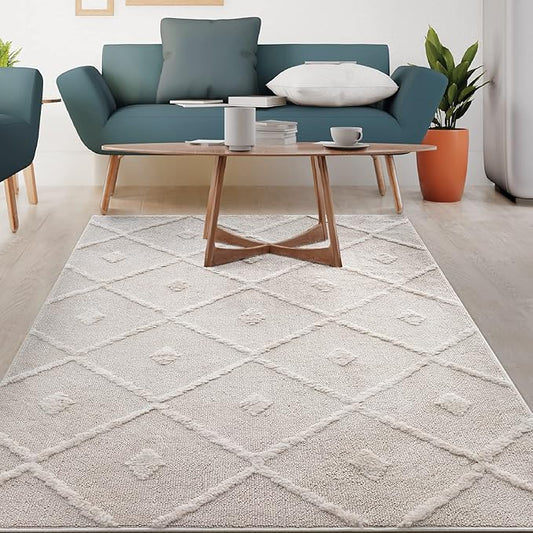 Antep Rugs Palafito 6x9 Geometric Shag Diamond High-Low Pile Textured Indoor Area Rug (Beige, 6'7" x 9')