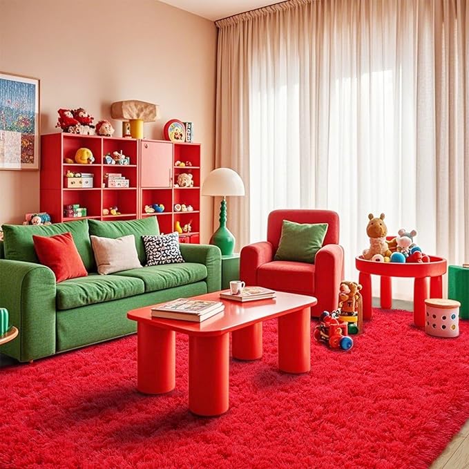 8x10 Rug for Living Room, Fuzzy Plush Large Area Rug, Fluffy Modern Shag Non Slip Soft Furry Carpet for Bedroom Kids Room Nursery Teens Dorm Home Decor, Red