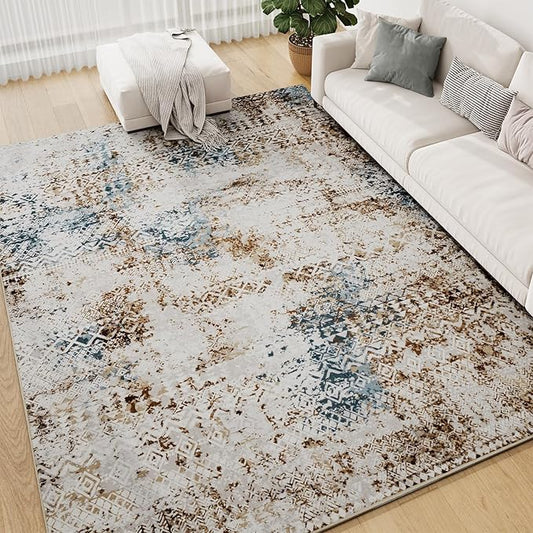 Area Rug 9x12 Nursery Rug for Living Room Rugs Washable Soft Stain Resistant Carpet for Bedroom Dining Room Playroom Abstract Modern Neutral Farmhouse Boho Moroccan Rugs Brown Teal