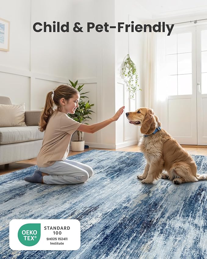 AMADA HOMEFURNISHING 9x12 Large Area Rug, Modern Abstract Living Room Rug with Non-Slip Backing & Short Pile, Washable Rug with Abstract Pattern for Living Room, Bedroom and Dinning Room, Blue