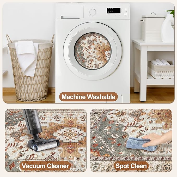 Tangsoo 2x10 Vintage Floral Geometric Runner Rug, Turmeric & Multicolor, Machine Made, Non-Slip, Washable, 0.35 Inch Pile, Rectangular, Indoor, Entryway & Living Room