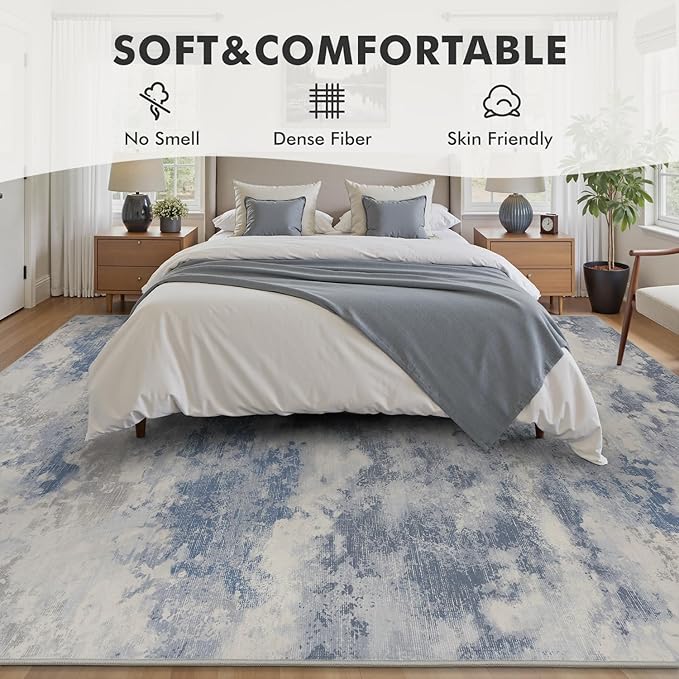 8x10 Washable Area Rugs for Living Room Rug-Carpet Modern Abstract Rugs for Bedroom Dining Room Office Contemporary Grey Blue Rug