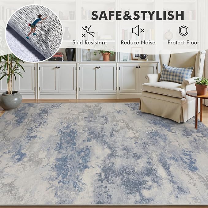 8x10 Washable Area Rugs for Living Room Rug-Carpet Modern Abstract Rugs for Bedroom Dining Room Office Contemporary Grey Blue Rug
