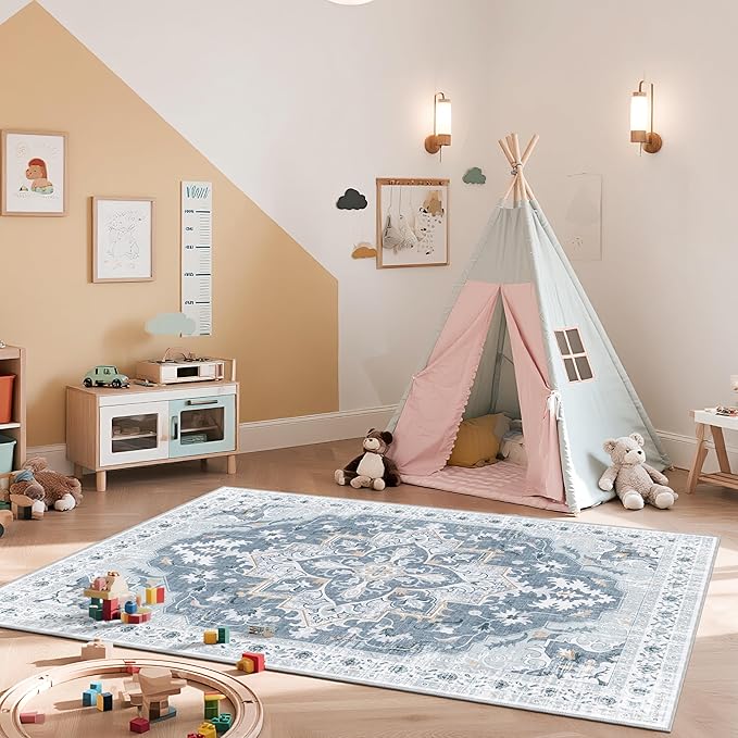 4x6 Washable Area Rug with Non-Slip Backing Low-Pile Soft Bohemian Distressed Boho Printed Rug for Living Room, Entryway, Bedroom, Home Office, Farmhouse- Blue/Gray