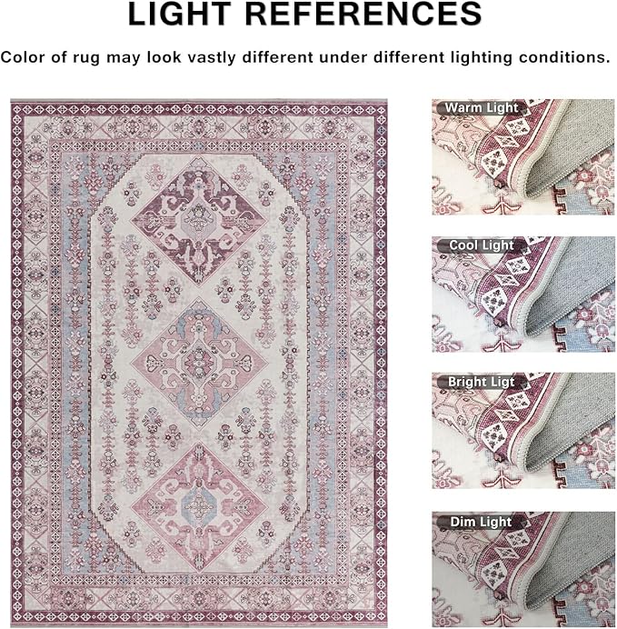 Rineflo-8'x10' Area Rugs,Machine Washable Rug for Living Room Dinner Room Bedroom,Bohemian Style Soft Non Slip Rug Carpet,Oriental Vintage Low Pile Large Area Rug (Pink, 8'x10')
