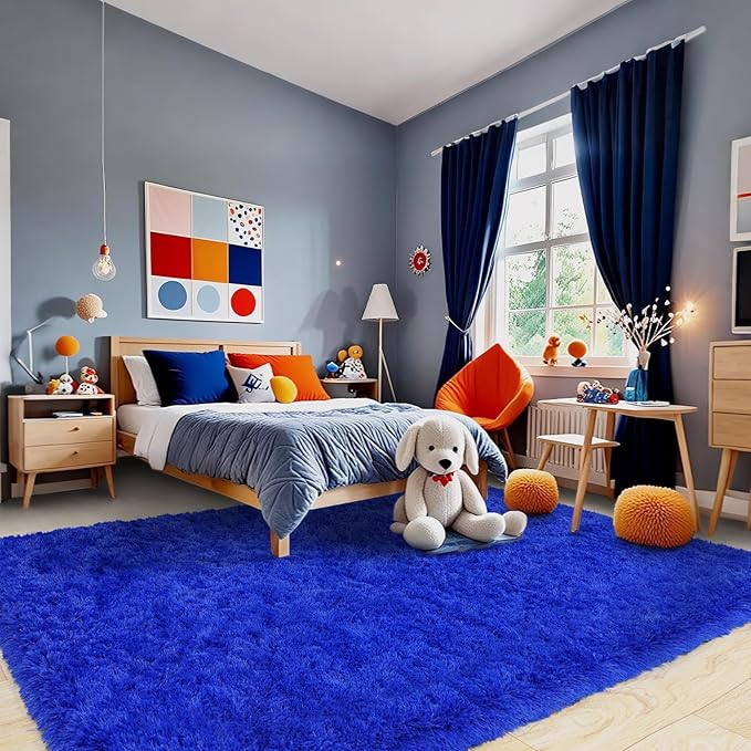 8x10 Rug for Living Room, Fuzzy Plush Large Area Rug, Fluffy Modern Shag Non Slip Soft Furry Carpet for Bedroom Kids Room Nursery Teens Dorm Home Decor, Royal Blue