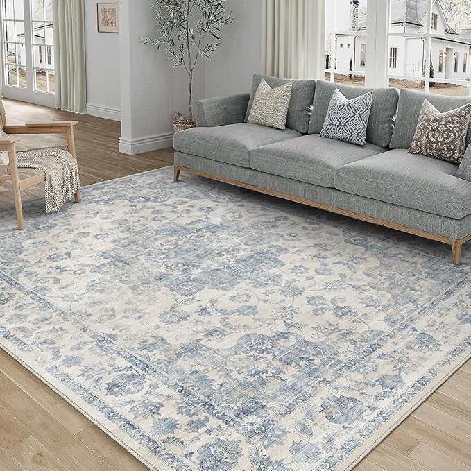 4x6 Washable Neutral Area Rug Blue Floral Living Room Bedroom Carpet Non-Slip Low Pile Vintage Lightweight Vacuumable Soft Throw Rug for Dining Room Entryway Office Kitchen