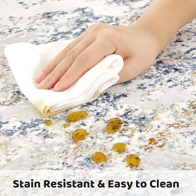 4ft Round Area Rug Living Room Rugs - 4x4 Washable Large Soft Indoor Neutral Modern Abstract Low Pile Rug Carpet for Bedroom Dining Room Farmhouse Home Office - Beige Blue