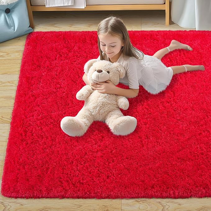 8x10 Rug for Living Room, Fuzzy Plush Large Area Rug, Fluffy Modern Shag Non Slip Soft Furry Carpet for Bedroom Kids Room Nursery Teens Dorm Home Decor, Red