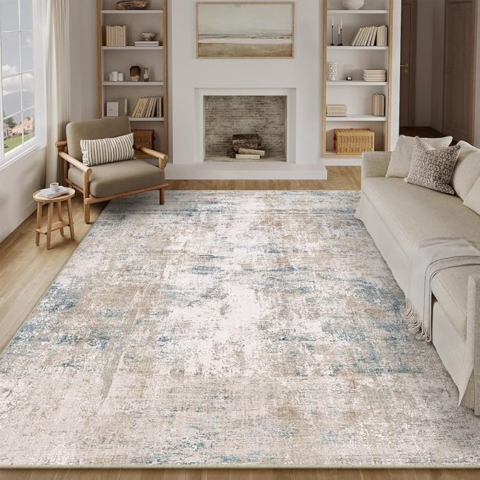 10x14 Washable Area Rug Beige Blue Neutral Abstract Living Room Bedroom Large Throw Rug Non Slip Soft Low Pile Indoor Floor Carpet for Dining Room Kitchen Office Entryway