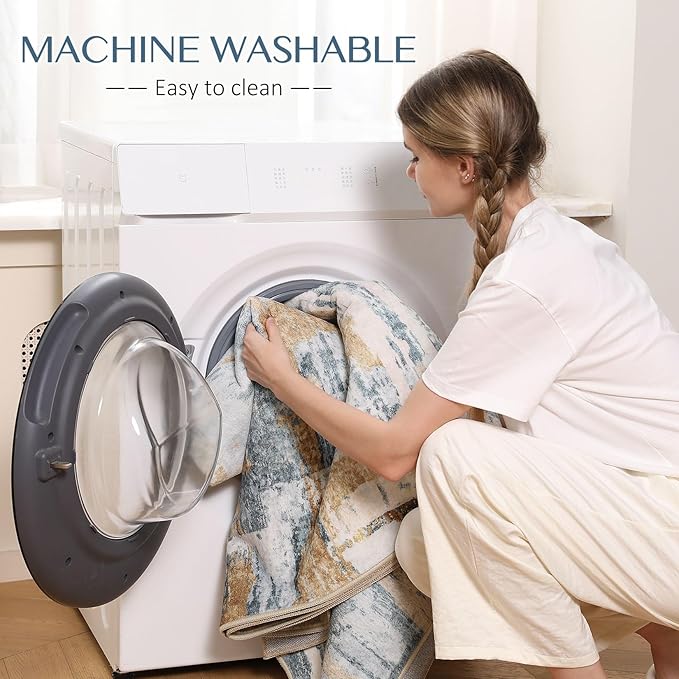 Abstract Living Room Rug 8x10 - Modern Washable Soft Thin Area Rug for Living Room Bedroom Under Dining Table - Neutral Indoor Floor Rug Carpets for Home Office Playroom Nursery - Blue Gold