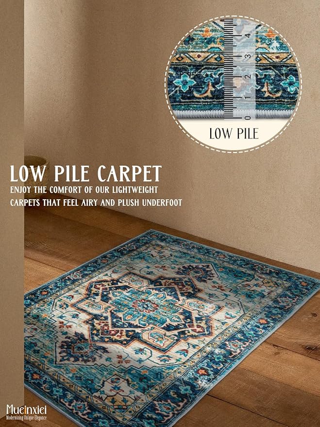 2x3 Foyer Area Rug for Door Way,Gemstone Blue Washable Floor Mats,Low Pile Small Space Thin Carpet for Entryway,Mini Entry Throw Rugs with Rubber Backing,Non-Slip Indoor Entrance Dog Door Mat