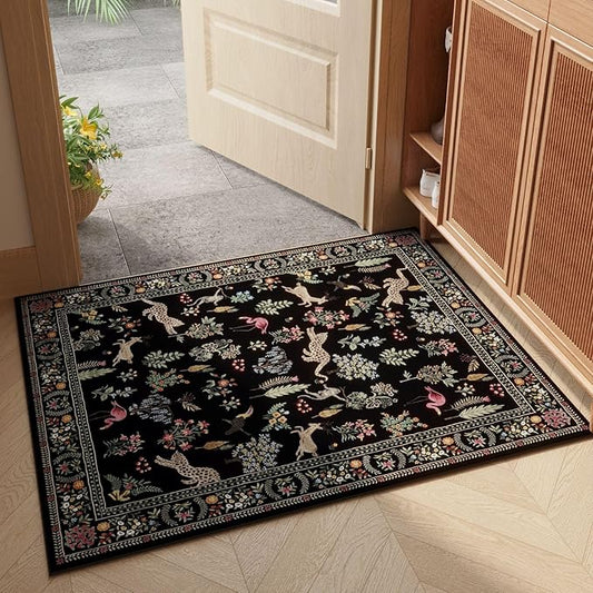 Door Mat Indoor Entrance 2x3 Rug Machine Washable Boho Floral Animal Small Area Rug Non-Slip Low Pile Throw Rugs for Entryway, Kitchen, Front Door Indoor Entrance, Entry, Kids Room (Black)