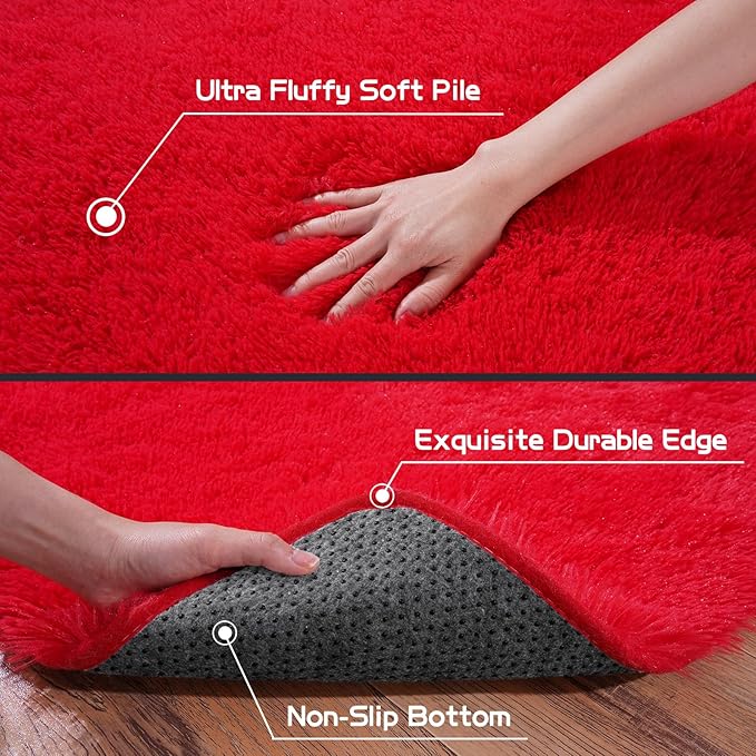 Fluffy Area Rug for Bedroom 4x6 Feet, Shag Soft Rug for Living Room, Indoor Comfy Cute Plush Bedside Carpet for Girls Boys Room Teens Dorm Nursery Decor, Red