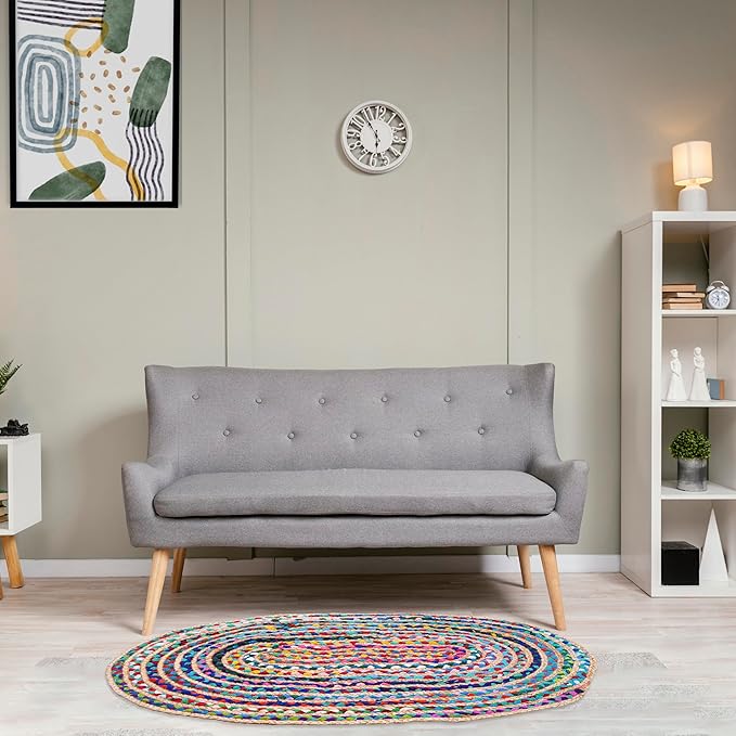 Craft Trade Hand Woven Jute Area Rug Multicolor Reversible Jute Area Rug Braided Farmhouse Living Room, Outdoor, Kitchen Bedroom Chindi Rug (2' x 3', Oval)