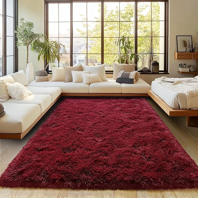 Burgundy Plush Rug for Living Room Fuzzy Carpet for Bedroom Dorm, Non-Slip High Pile Rug, Shag Rug for Playroom Nursery Home Office Decor 6X9 Ft