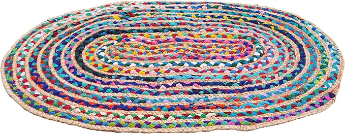 Craft Trade Hand Woven Jute Area Rug Multicolor Reversible Jute Area Rug Braided Farmhouse Living Room, Outdoor, Kitchen Bedroom Chindi Rug (2' x 3', Oval)
