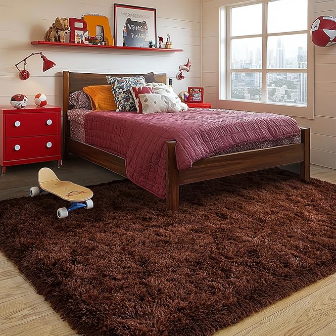 Brown Plush Rug for Living Room Fuzzy Carpet for Bedroom Dorm, Non-Slip High Pile Rug, Shag Rug for Playroom Nursery Home Office Decor 5X7 Ft