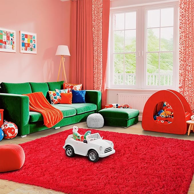 Fluffy Area Rug for Bedroom 4x6 Feet, Shag Soft Rug for Living Room, Indoor Comfy Cute Plush Bedside Carpet for Girls Boys Room Teens Dorm Nursery Decor, Red