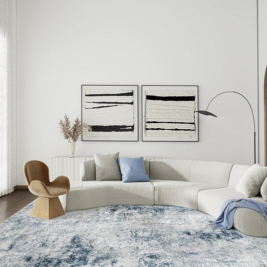 8x10 Washable Area Rug for Living Room, Non-Slip Soft Modern Abstract Large Carpet, Low Pile Neutral Rugs for Bedroom, Dining Room, Home Office, Dorm, Indoor Decor, Navy Blue