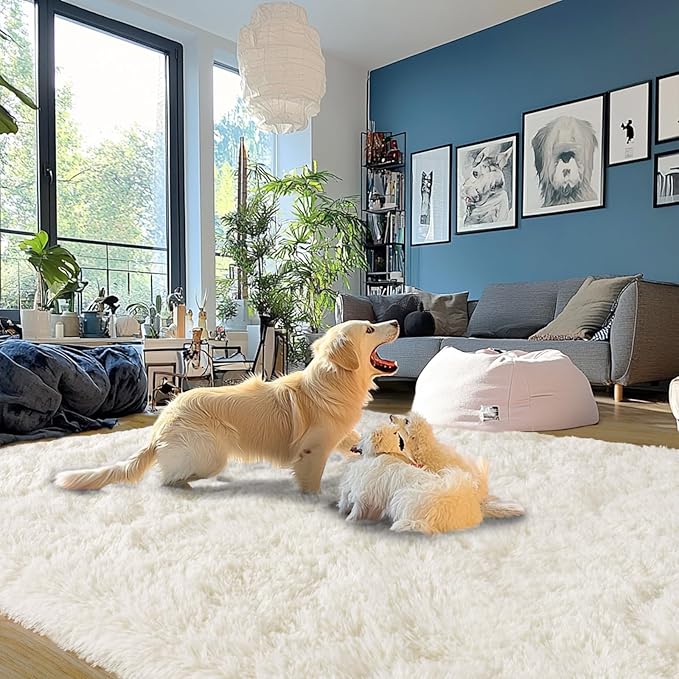 Cream White Plush Rug for Living Room Fuzzy Carpet for Bedroom Dorm, Non-Slip High Pile Rug, Shag Rug for Playroom Nursery Home Office Decor 5X7 Ft