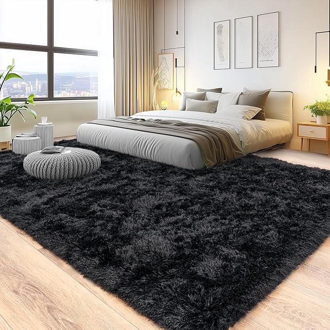 8x10 Rug for Living Room, Fuzzy Plush Large Area Rug, Fluffy Modern Shag Non Slip Soft Furry Carpet for Bedroom Kids Room Nursery Teens Dorm Home Decor, Black
