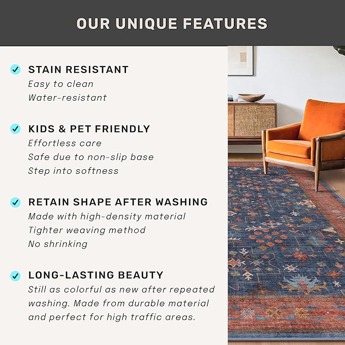 6x9 Dining Room Rugs for Under Table - Washable Area Rug for Living Room, Low Pile Non-Slip Rugs for Bedroom - Navy Blue & Terracotta Vintage Boho Eclectic Home Decor