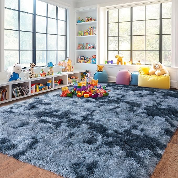 8x10 Rug for Living Room, Fuzzy Plush Large Area Rug, Fluffy Modern Shag Non Slip Soft Furry Carpet for Bedroom Kids Room Nursery Teens Dorm Home Decor, Blue Grey