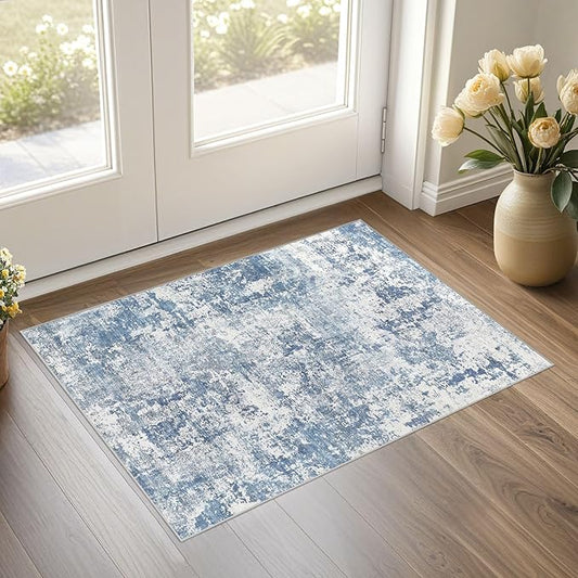 2x3 Entryway Area Rug: Washable Neutral Modern Abstract Small Rug - Non-Slip Low Pile Throw Indoor Carpet for Entrance Kitchen Front Door Mat Bathroom Entry Kids Room - Blue White