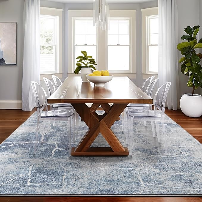 Area Rug 5x7 Machine Washable Rug Vintage Traditional Floor Cover Foldable Thin Retro Indoor Non Slip Carpet Floral Print Mat Bedroom Living Room Dining Room Office,Line Blue