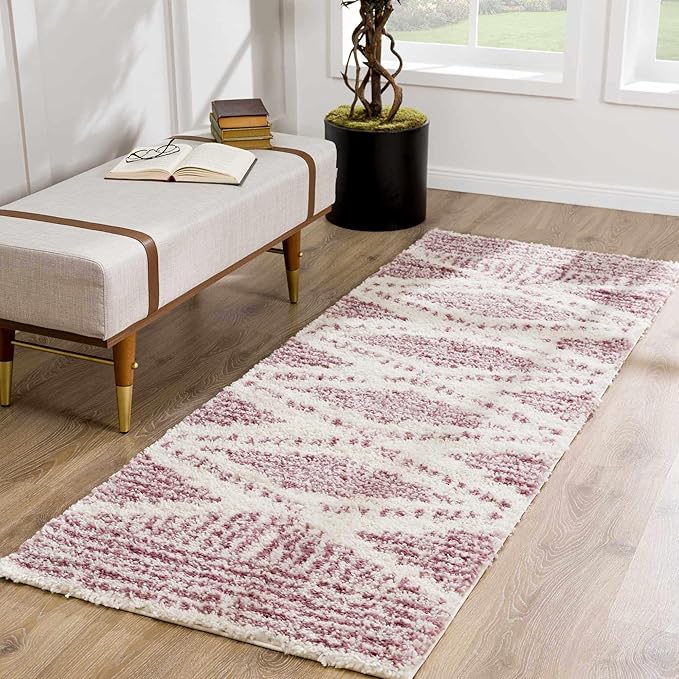 Hauteloom Trunding Moroccan Farmhouse Hallway, Kitchen Shaggy Runner Rug - Bohemian Shag - Plush Pile - Southwestern Boho Soft Carpet - Pink, Cream, Ivory - 2'7" x 7'3"