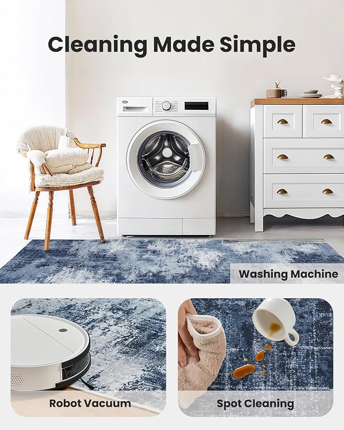 AMADA HOMEFURNISHING 8x10 Area Rugs, Modern Washable Living Room Rug with Non-Slip Backing & Short Pile, Large Rug with Abstract Pattern for Living Room, Bedroom and Dinning Room, Dark Blue