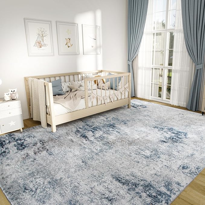 5x7 Washable Area Rug for Living Room, Non-Slip Soft Modern Abstract Large Carpet, Low Pile Neutral Rugs for Bedroom, Dining Room, Home Office, Dorm, Indoor Decor, Navy Blue